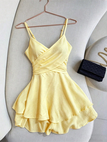Franclia Women's Adjustable Strappy Pale Yellow Dresses,Summer Tropical Holiday Vacation Ruffled Skirts,Elegant Casual Resort Wear,Elasticated Party Clothing