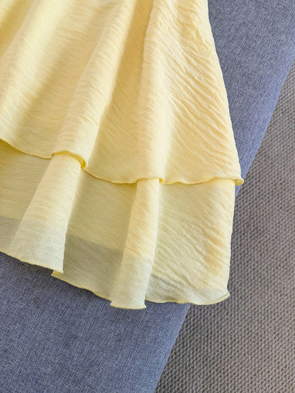 Franclia Women's Adjustable Strappy Pale Yellow Dresses,Summer Tropical Holiday Vacation Ruffled Skirts,Elegant Casual Resort Wear,Elasticated Party Clothing