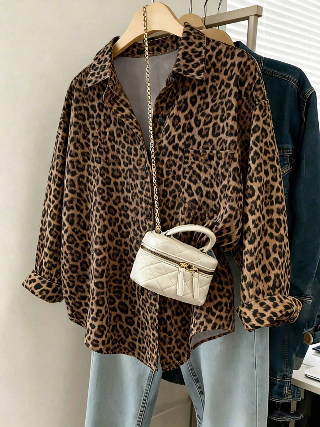 Franclia Women's Brown Checkered Leopard-Print Blouses,Fall Winter Chic Loose-Fit Long-Sleeve Casual Shirts,Everyday Versatile Cheetah Print Button Down Tops