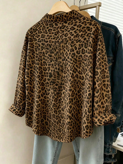 Franclia Women's Brown Checkered Leopard-Print Blouses,Fall Winter Chic Loose-Fit Long-Sleeve Casual Shirts,Everyday Versatile Cheetah Print Button Down Tops