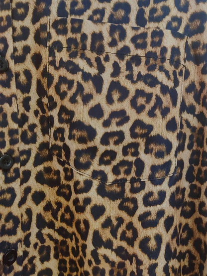 Franclia Women's Brown Checkered Leopard-Print Blouses,Fall Winter Chic Loose-Fit Long-Sleeve Casual Shirts,Everyday Versatile Cheetah Print Button Down Tops