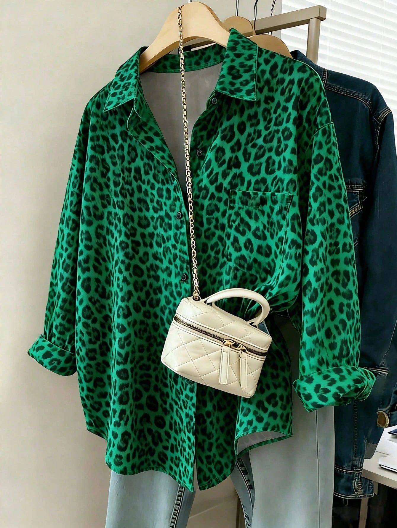 Franclia Women's Brown Checkered Leopard-Print Blouses,Fall Winter Chic Loose-Fit Long-Sleeve Casual Shirts,Everyday Versatile Cheetah Print Button Down Tops