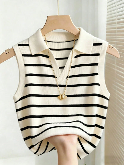 Franclia Women's Casual Elegant Knitted Collared Striped Tank Top