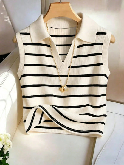 Franclia Women's Casual Elegant Knitted Collared Striped Tank Top