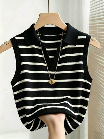 Franclia Women's Casual Elegant Knitted Collared Striped Tank Top