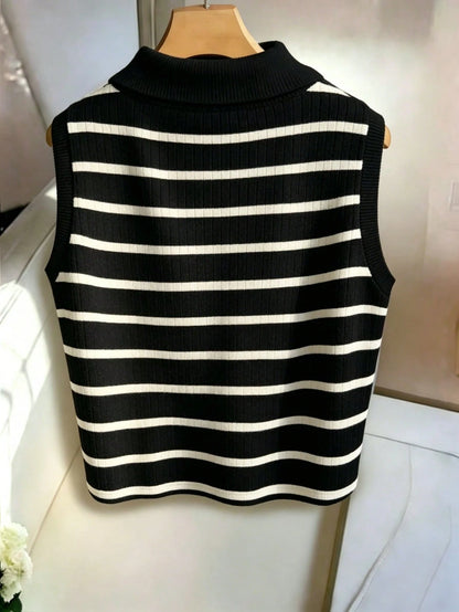 Franclia Women's Casual Elegant Knitted Collared Striped Tank Top