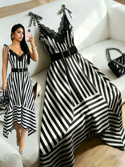 Franclia Women's Elegant Lace A-Line Dress,Black And White Striped Print Summer Vacation Outfits,Graduation Party Wedding Guest Birthday Dresses