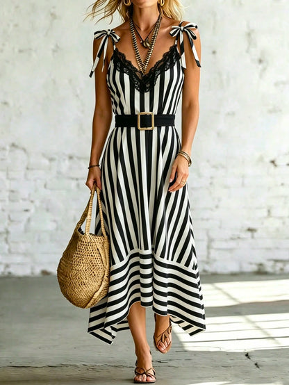 Franclia Women's Elegant Lace A-Line Dress,Black And White Striped Print Summer Vacation Outfits,Graduation Party Wedding Guest Birthday Dresses