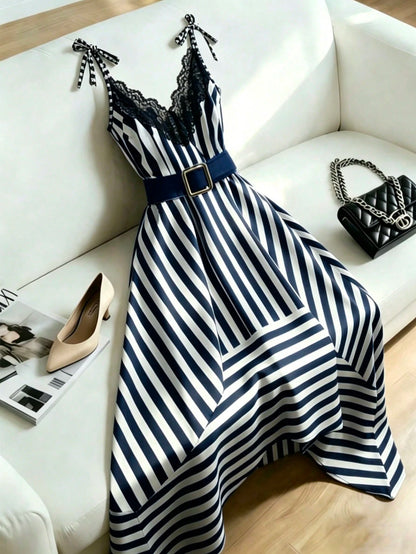 Franclia Women's Elegant Lace A-Line Dress,Black And White Striped Print Summer Vacation Outfits,Graduation Party Wedding Guest Birthday Dresses