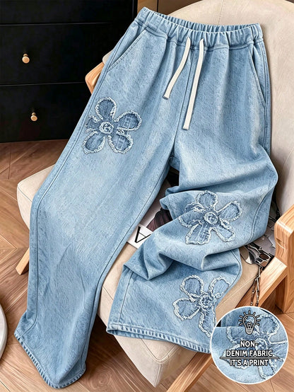 Franclia Women's Fashionable Floral Print Straight Leg Jeans, Versatile Casual Streetwear Pants