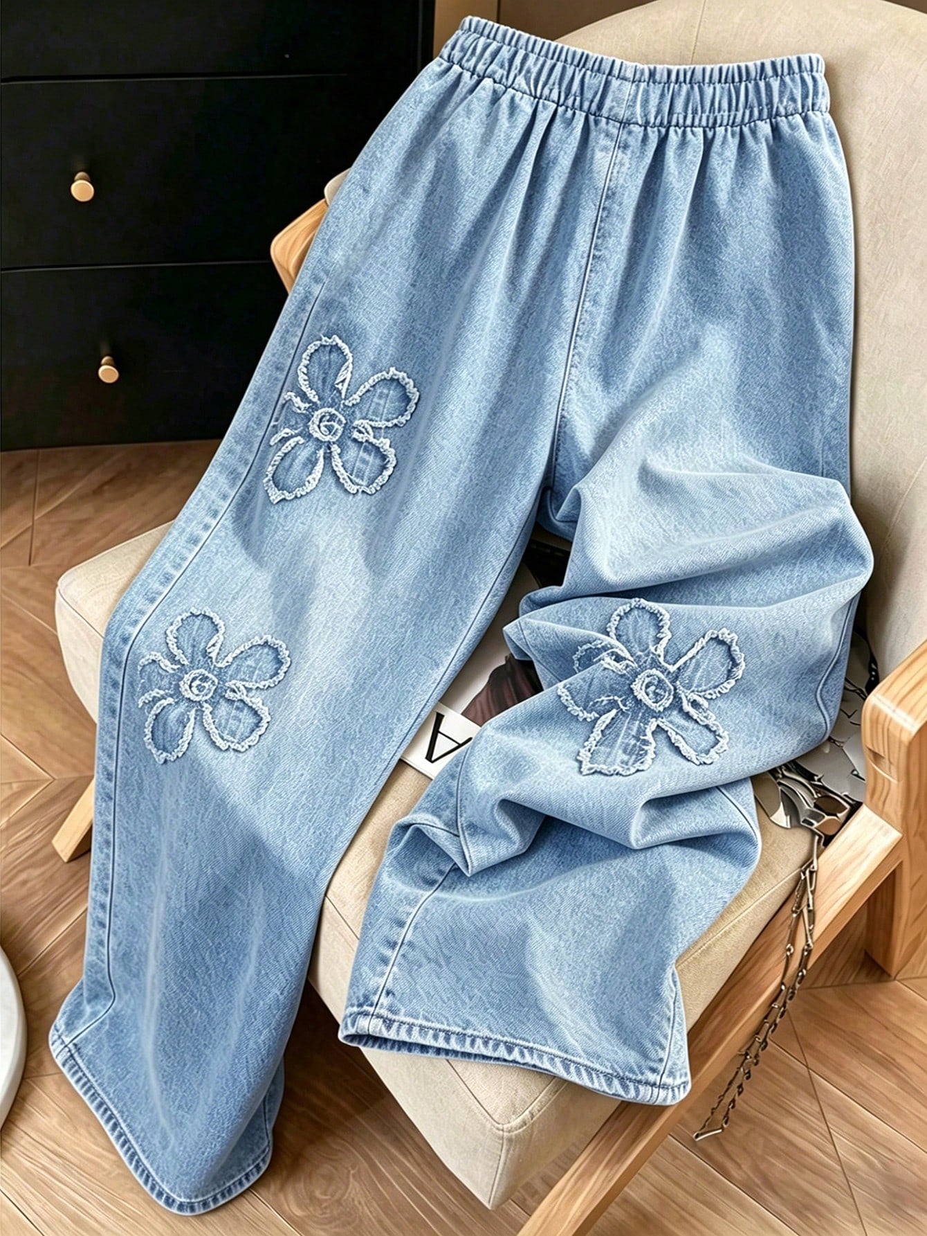Franclia Women's Fashionable Floral Print Straight Leg Jeans, Versatile Casual Streetwear Pants