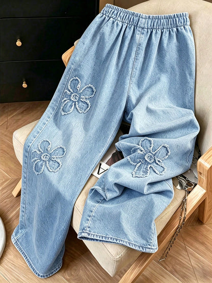 Franclia Women's Fashionable Floral Print Straight Leg Jeans, Versatile Casual Streetwear Pants