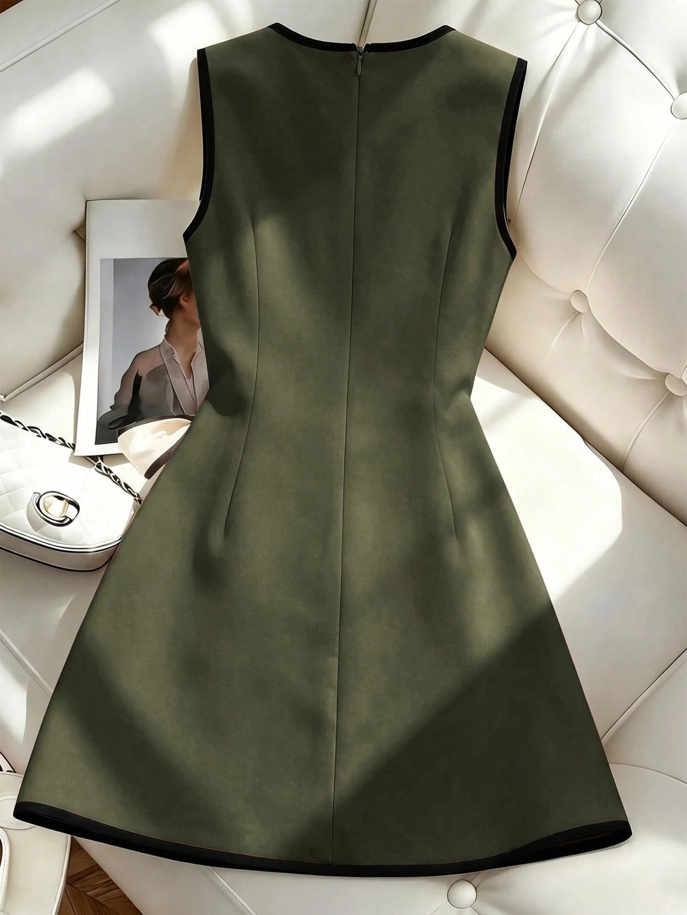 Franclia Women's French Style Vacation Casual Elegant Round Neck Sleeveless Black & Apricot Trim Wrap Dress
