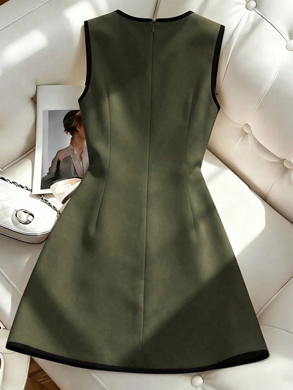 Franclia Women's French Style Vacation Casual Elegant Round Neck Sleeveless Black & Apricot Trim Wrap Dress