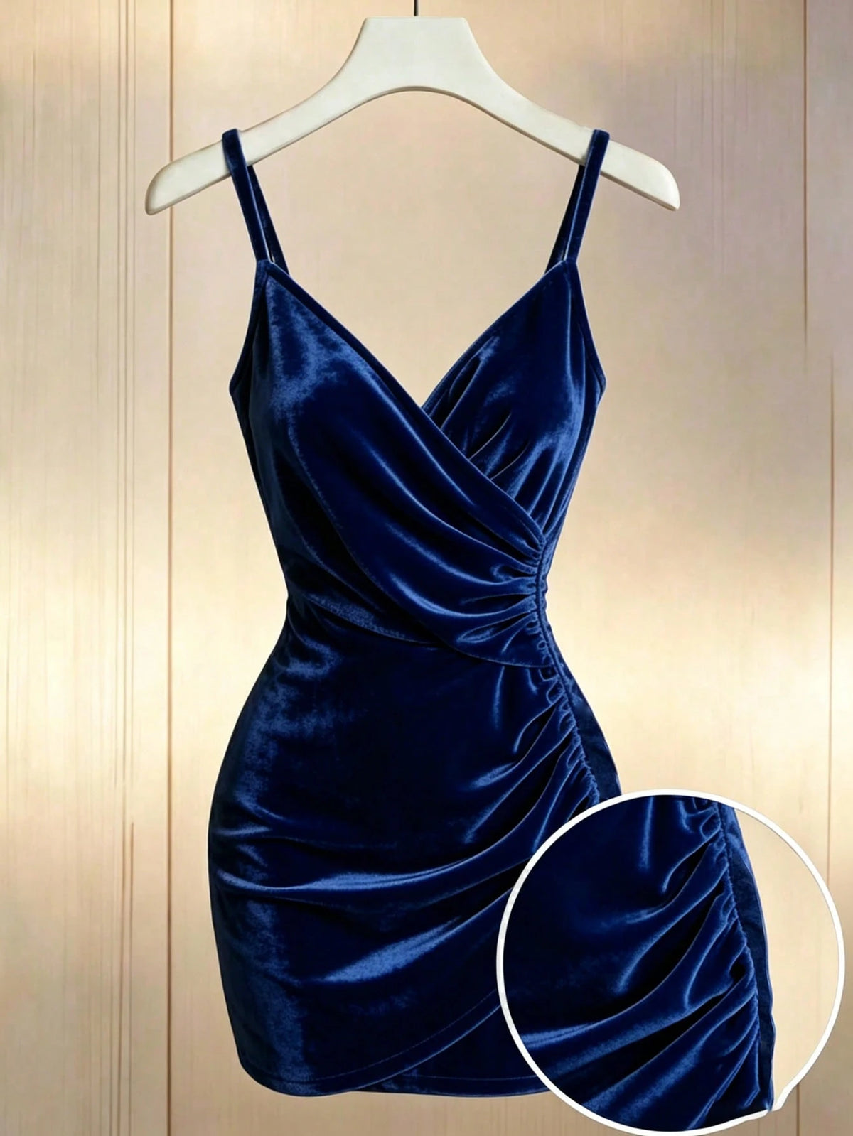 Franclia Women's Summer Elegant Navy Blue Spaghetti Strap V-Neck Ruched Bodycon Mini Dress,Stretchy Shiny Velvet Fabric,Night Out Fall Winter Party Dress