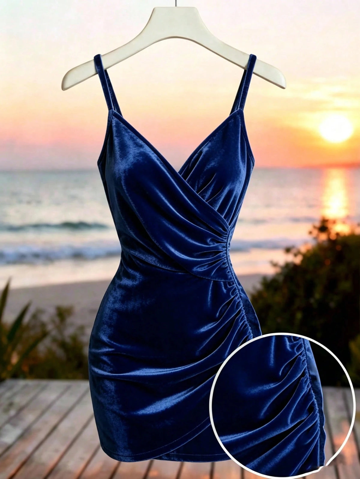 Franclia Women's Summer Elegant Navy Blue Spaghetti Strap V-Neck Ruched Bodycon Mini Dress,Stretchy Shiny Velvet Fabric,Night Out Fall Winter Party Dress
