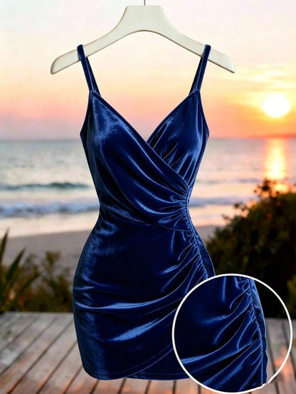 Franclia Women's Summer Elegant Navy Blue Spaghetti Strap V-Neck Ruched Bodycon Mini Dress,Stretchy Shiny Velvet Fabric,Night Out Fall Winter Party Dress