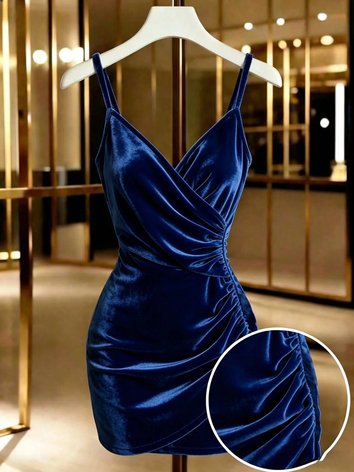 Franclia Women's Summer Elegant Navy Blue Spaghetti Strap V-Neck Ruched Bodycon Mini Dress,Stretchy Shiny Velvet Fabric,Night Out Fall Winter Party Dress