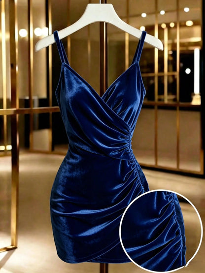 Franclia Women's Summer Elegant Navy Blue Spaghetti Strap V-Neck Ruched Bodycon Mini Dress,Stretchy Shiny Velvet Fabric,Night Out Fall Winter Party Dress