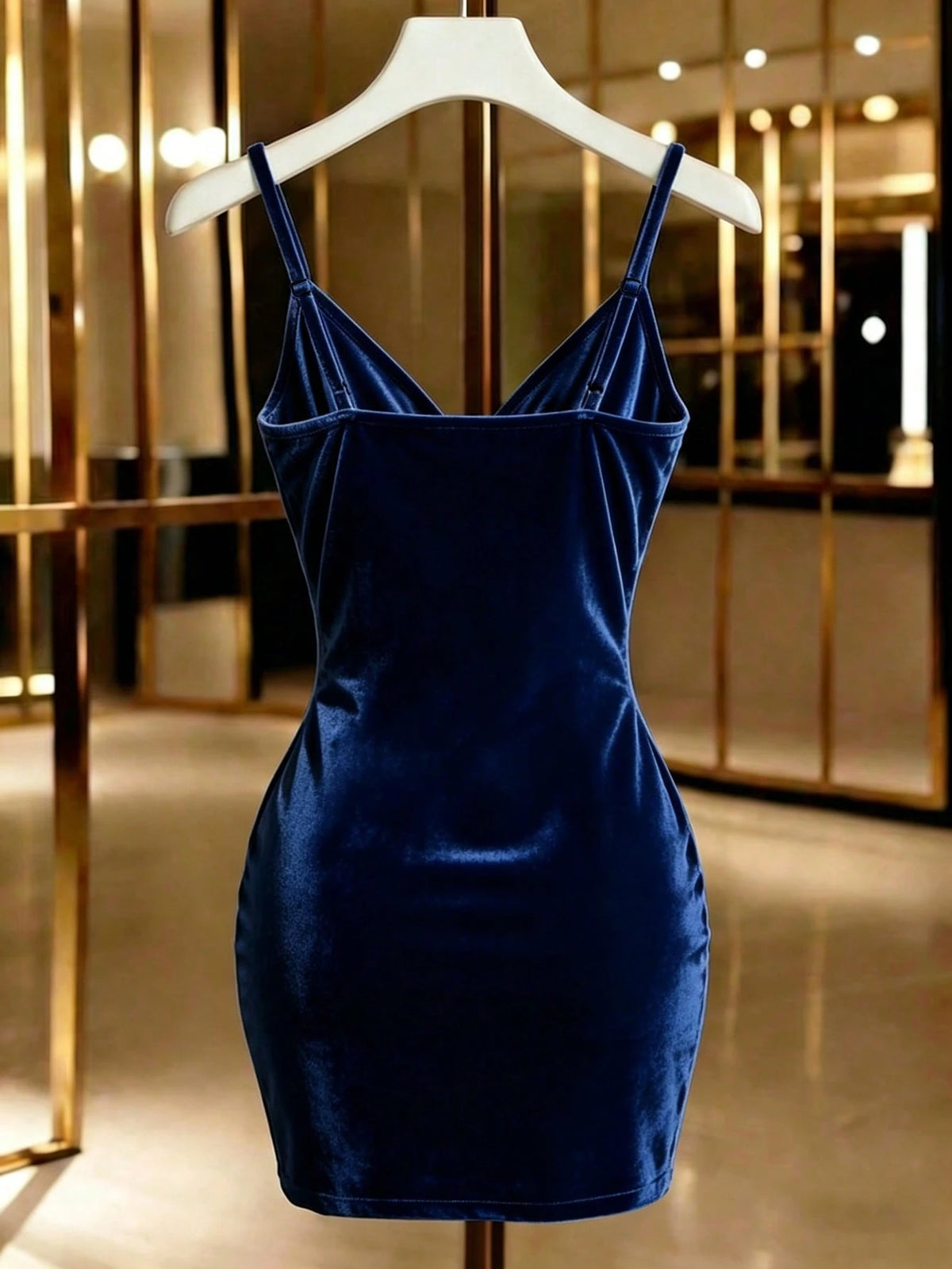 Franclia Women's Summer Elegant Navy Blue Spaghetti Strap V-Neck Ruched Bodycon Mini Dress,Stretchy Shiny Velvet Fabric,Night Out Fall Winter Party Dress