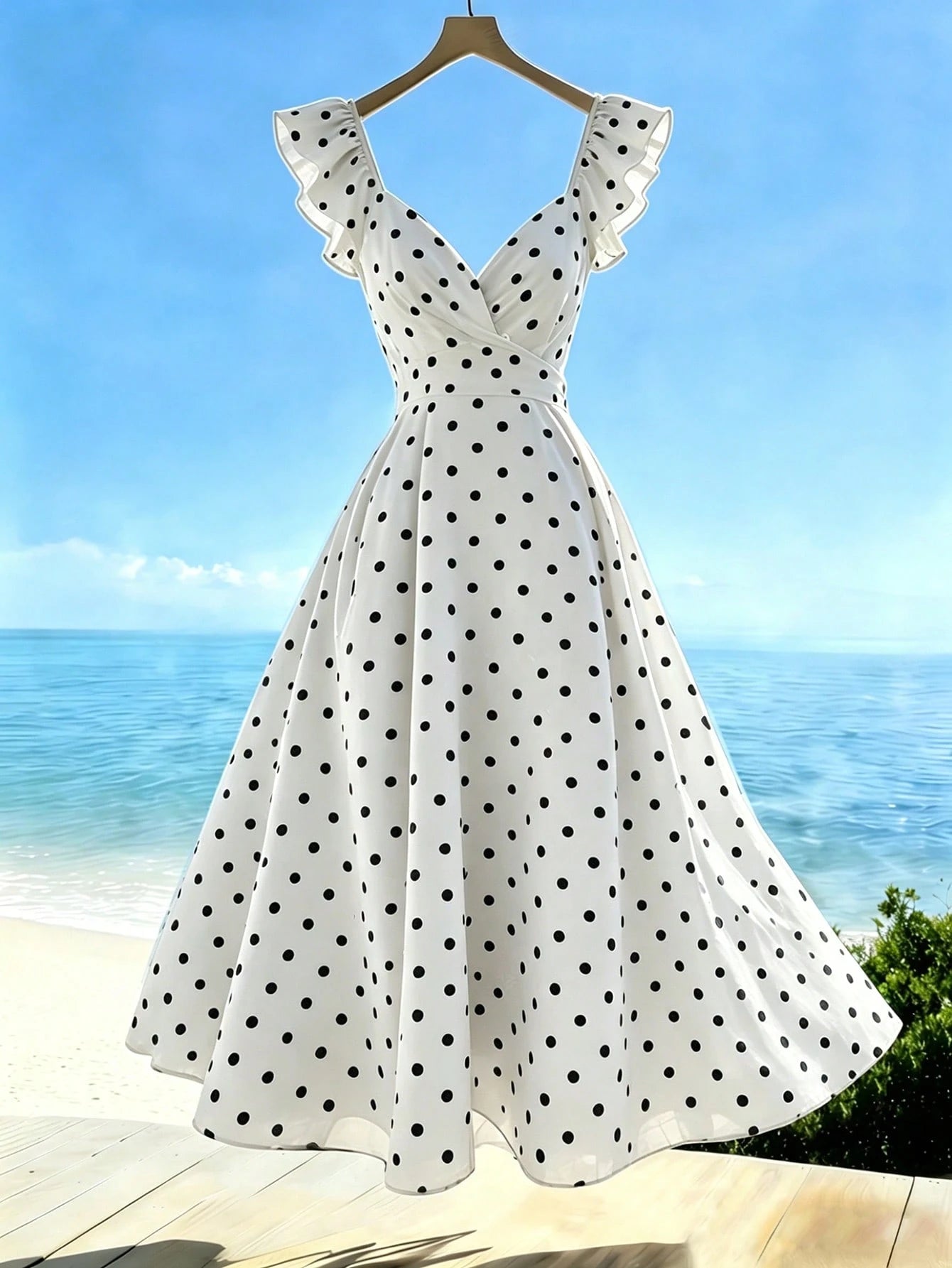 Franclia Women's V-Neck Ruffle Sleeve Pleated Waist Backless Tie Polka Dot Print Dress, Casual Vacation Dress For Spring/Summer