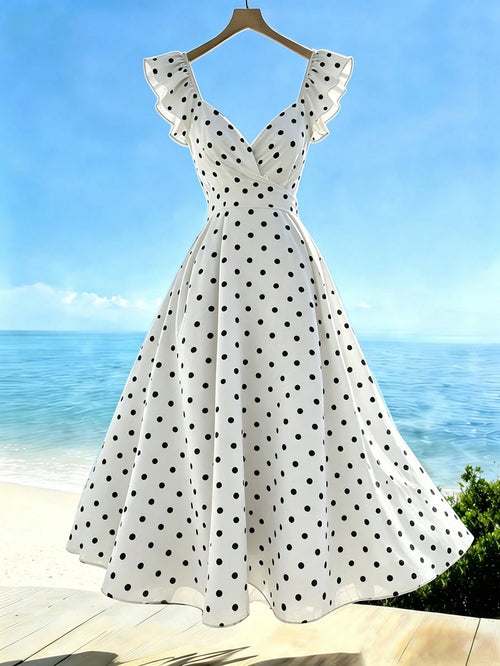 Franclia Women's V-Neck Ruffle Sleeve Pleated Waist Backless Tie Polka Dot Print Dress, Casual Vacation Dress For Spring/Summer