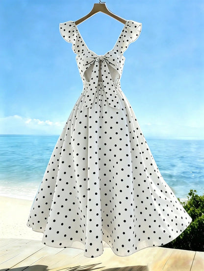 Franclia Women's V-Neck Ruffle Sleeve Pleated Waist Backless Tie Polka Dot Print Dress, Casual Vacation Dress For Spring/Summer