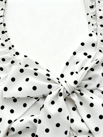 Franclia Women's V-Neck Ruffle Sleeve Pleated Waist Backless Tie Polka Dot Print Dress, Casual Vacation Dress For Spring/Summer