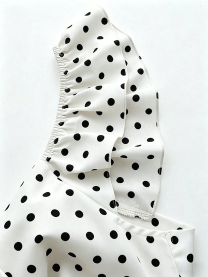 Franclia Women's V-Neck Ruffle Sleeve Pleated Waist Backless Tie Polka Dot Print Dress, Casual Vacation Dress For Spring/Summer