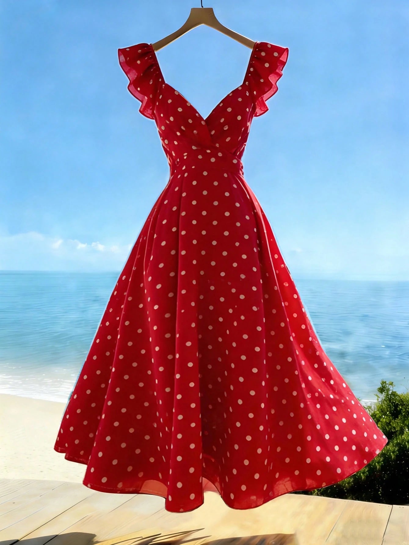 Franclia Women's V-Neck Ruffle Sleeve Pleated Waist Backless Tie Polka Dot Print Dress, Casual Vacation Dress For Spring/Summer