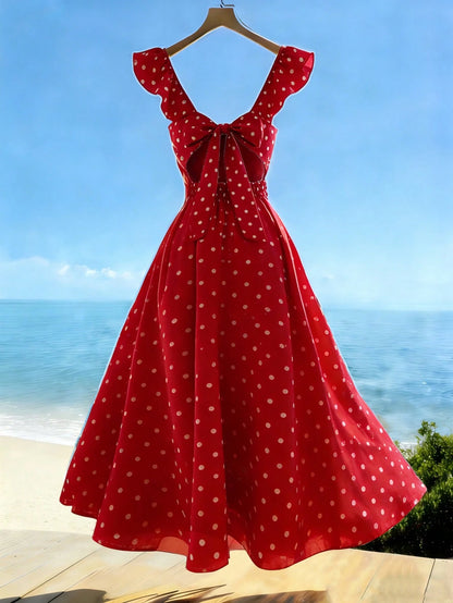 Franclia Women's V-Neck Ruffle Sleeve Pleated Waist Backless Tie Polka Dot Print Dress, Casual Vacation Dress For Spring/Summer