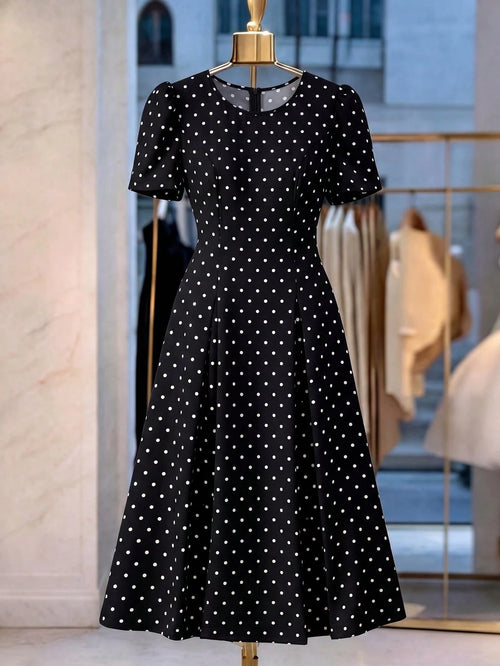 Franclia Women's Woven Black And White Polka Dot Round Neck Short Sleeve A-Line Elegant Vintage Elegant Long Summer Dress Date