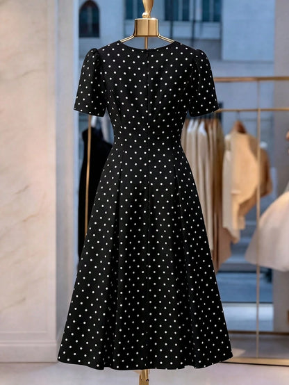 Franclia Women's Woven Black And White Polka Dot Round Neck Short Sleeve A-Line Elegant Vintage Elegant Long Summer Dress Date