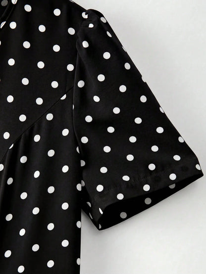 Franclia Women's Woven Black And White Polka Dot Round Neck Short Sleeve A-Line Elegant Vintage Elegant Long Summer Dress Date