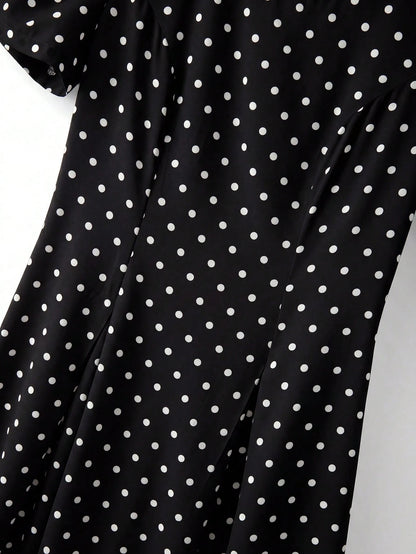Franclia Women's Woven Black And White Polka Dot Round Neck Short Sleeve A-Line Elegant Vintage Elegant Long Summer Dress Date
