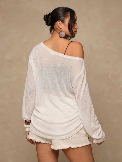 Freevana Plus Size Casual Asymmetric Neck Knit Top, Versatile All-Match T-Shirt For Autumn/Winter One Shoulder Top Plus Asymmetrical Top Plus Fall