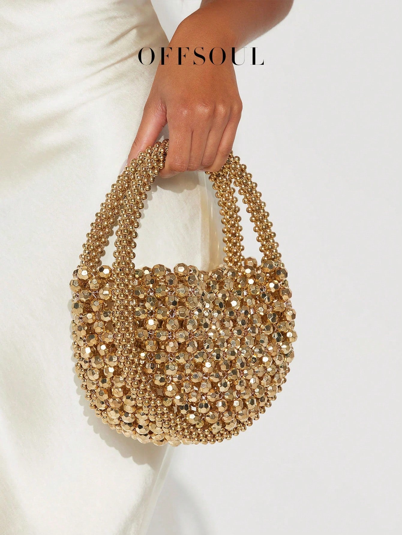French Elegant Hollow Metallic Beaded Woven Pearl Round Handle Bag, Shiny Glamorous Shoulder Bag Suitable For Party, Wedding, Banquet, Straw Bag
