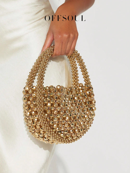 French Elegant Hollow Metallic Beaded Woven Pearl Round Handle Bag, Shiny Glamorous Shoulder Bag Suitable For Party, Wedding, Banquet, Straw Bag