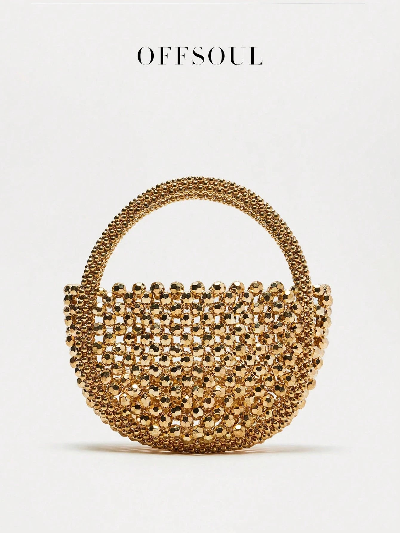 French Elegant Hollow Metallic Beaded Woven Pearl Round Handle Bag, Shiny Glamorous Shoulder Bag Suitable For Party, Wedding, Banquet, Straw Bag