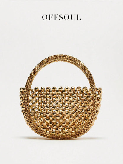 French Elegant Hollow Metallic Beaded Woven Pearl Round Handle Bag, Shiny Glamorous Shoulder Bag Suitable For Party, Wedding, Banquet, Straw Bag