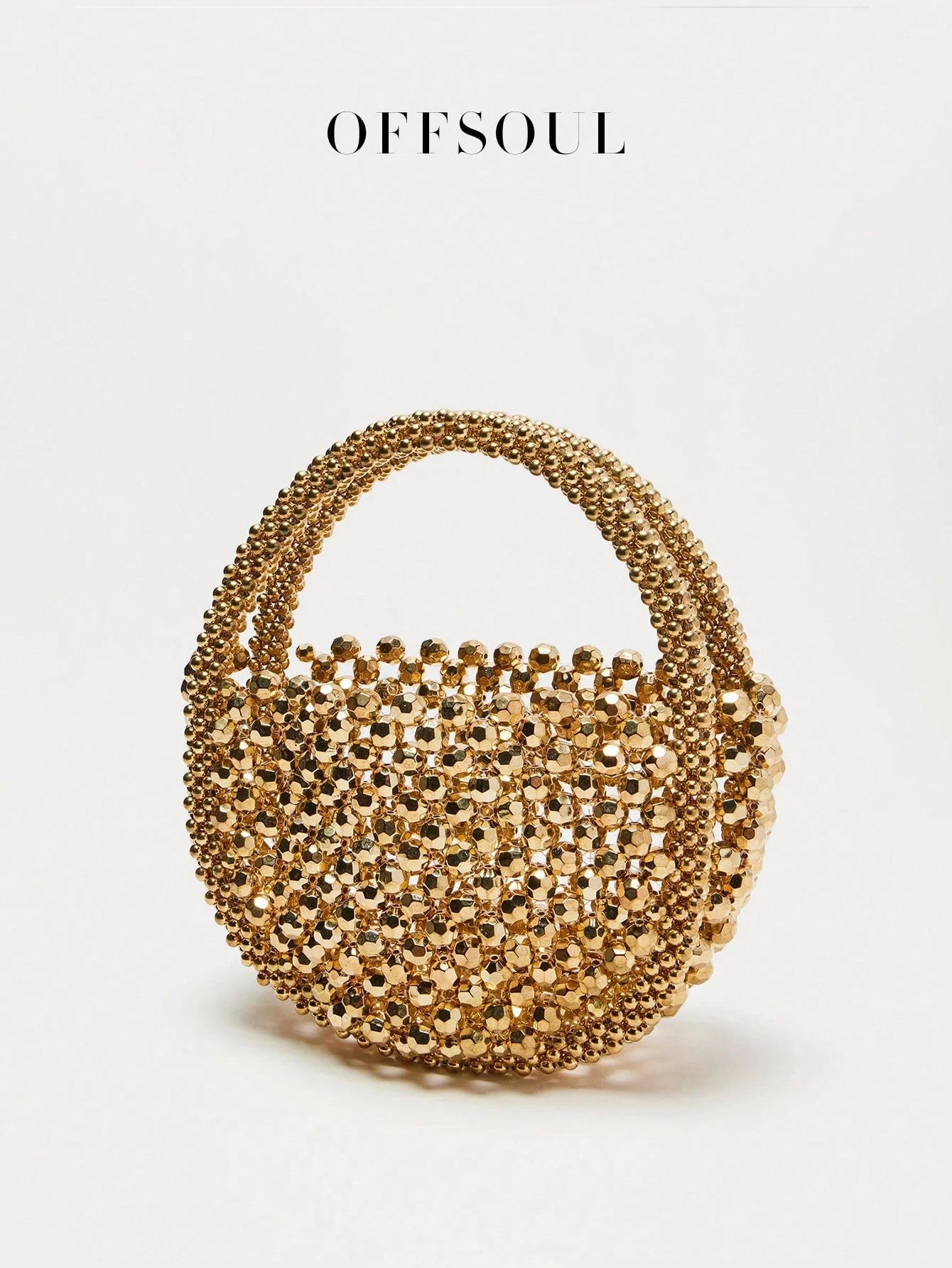 French Elegant Hollow Metallic Beaded Woven Pearl Round Handle Bag, Shiny Glamorous Shoulder Bag Suitable For Party, Wedding, Banquet, Straw Bag