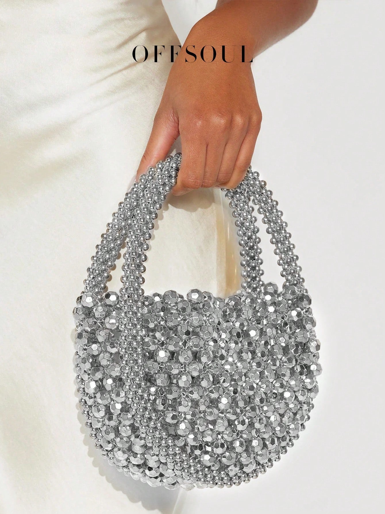 French Elegant Hollow Metallic Beaded Woven Pearl Round Handle Bag, Shiny Glamorous Shoulder Bag Suitable For Party, Wedding, Banquet, Straw Bag