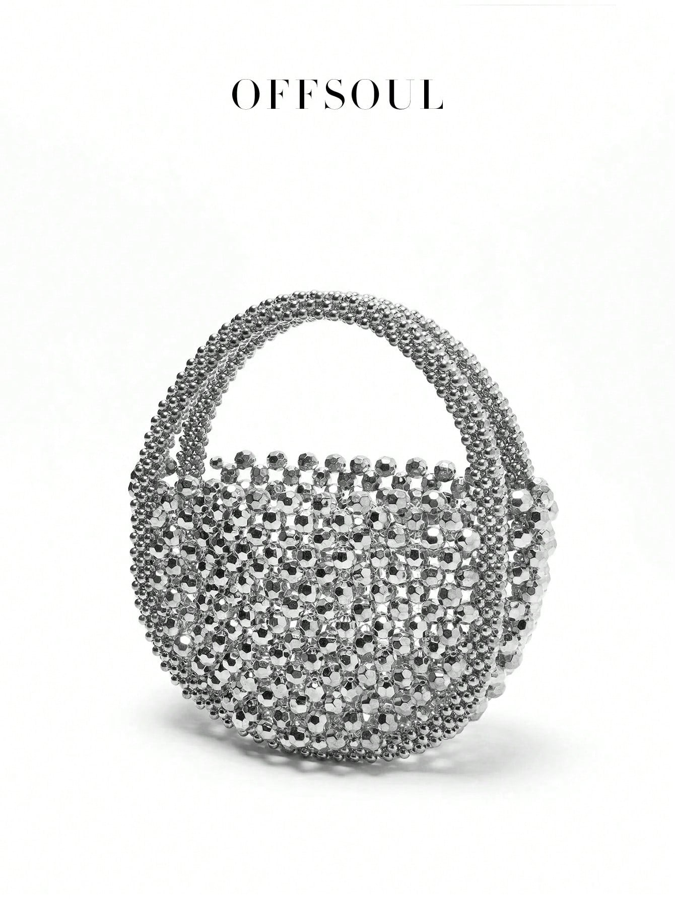 French Elegant Hollow Metallic Beaded Woven Pearl Round Handle Bag, Shiny Glamorous Shoulder Bag Suitable For Party, Wedding, Banquet, Straw Bag