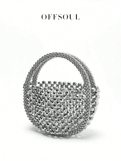 French Elegant Hollow Metallic Beaded Woven Pearl Round Handle Bag, Shiny Glamorous Shoulder Bag Suitable For Party, Wedding, Banquet, Straw Bag