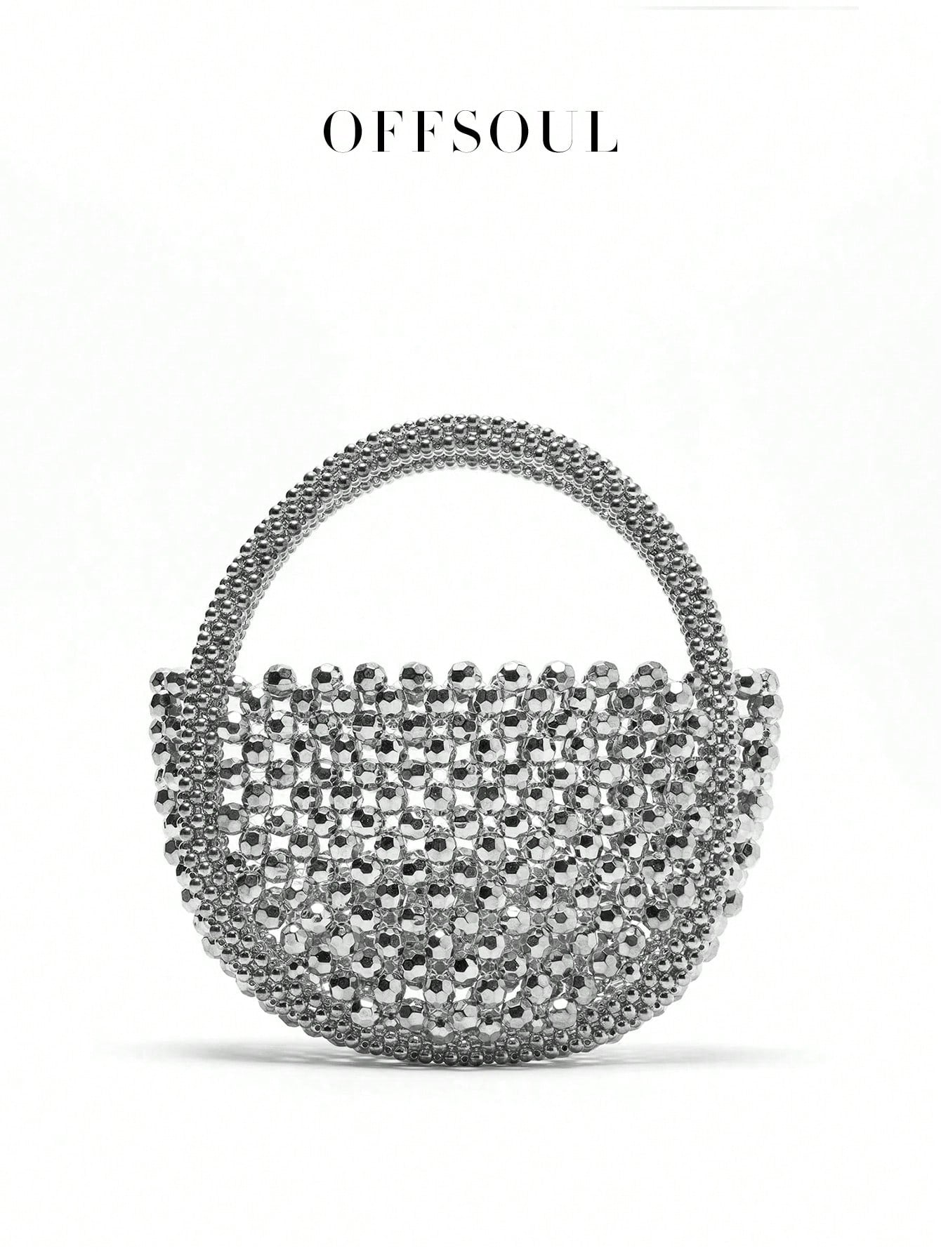 French Elegant Hollow Metallic Beaded Woven Pearl Round Handle Bag, Shiny Glamorous Shoulder Bag Suitable For Party, Wedding, Banquet, Straw Bag
