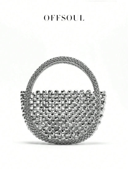 French Elegant Hollow Metallic Beaded Woven Pearl Round Handle Bag, Shiny Glamorous Shoulder Bag Suitable For Party, Wedding, Banquet, Straw Bag