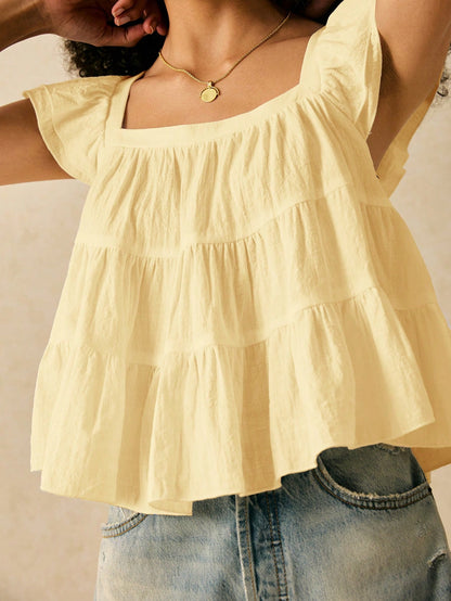 Frenchy Women's Solid Color Square Collar Ruffle Sleeve Loose Cute Blouse,Summer Top Elegant