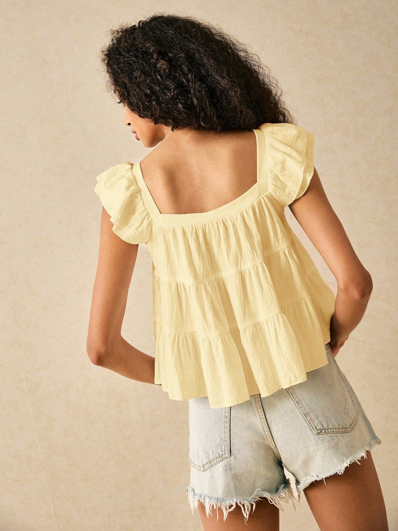 Frenchy Women's Solid Color Square Collar Ruffle Sleeve Loose Cute Blouse,Summer Top Elegant