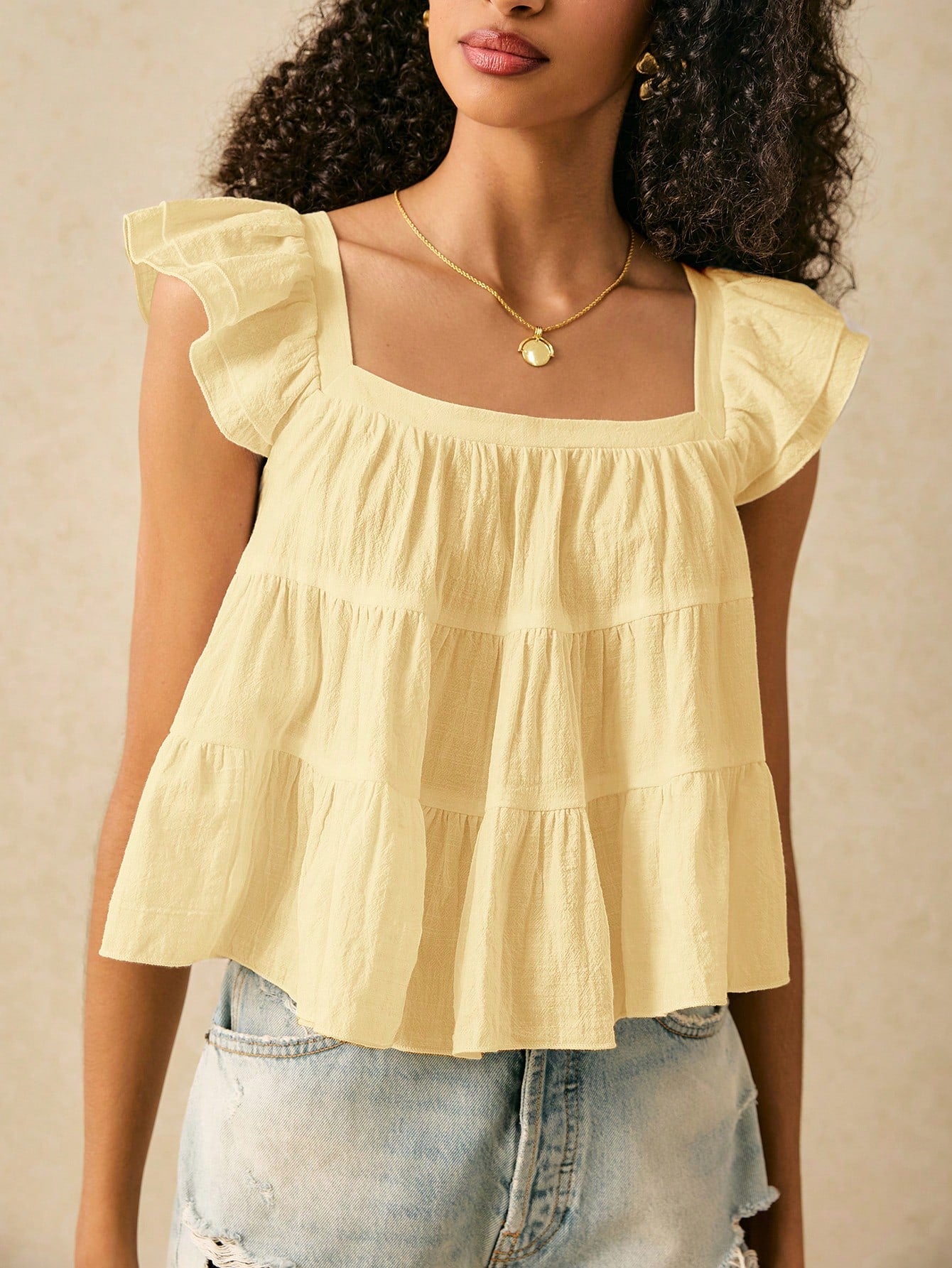 Frenchy Women's Solid Color Square Collar Ruffle Sleeve Loose Cute Blouse,Summer Top Elegant