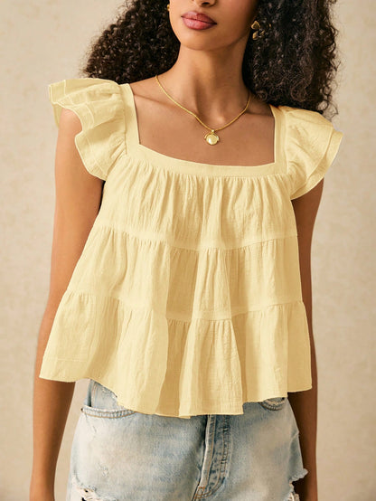 Frenchy Women's Solid Color Square Collar Ruffle Sleeve Loose Cute Blouse,Summer Top Elegant